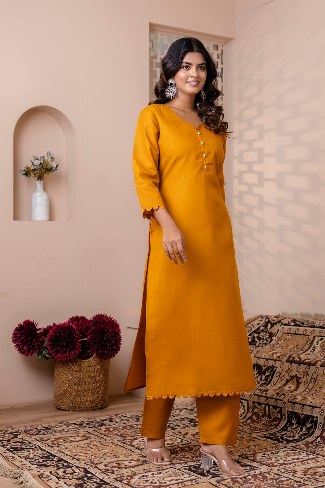 Mustard Straight Kurta Set With Printed Dupatta for Women | LASVINI - Redefining Indian Fashion with Elegance