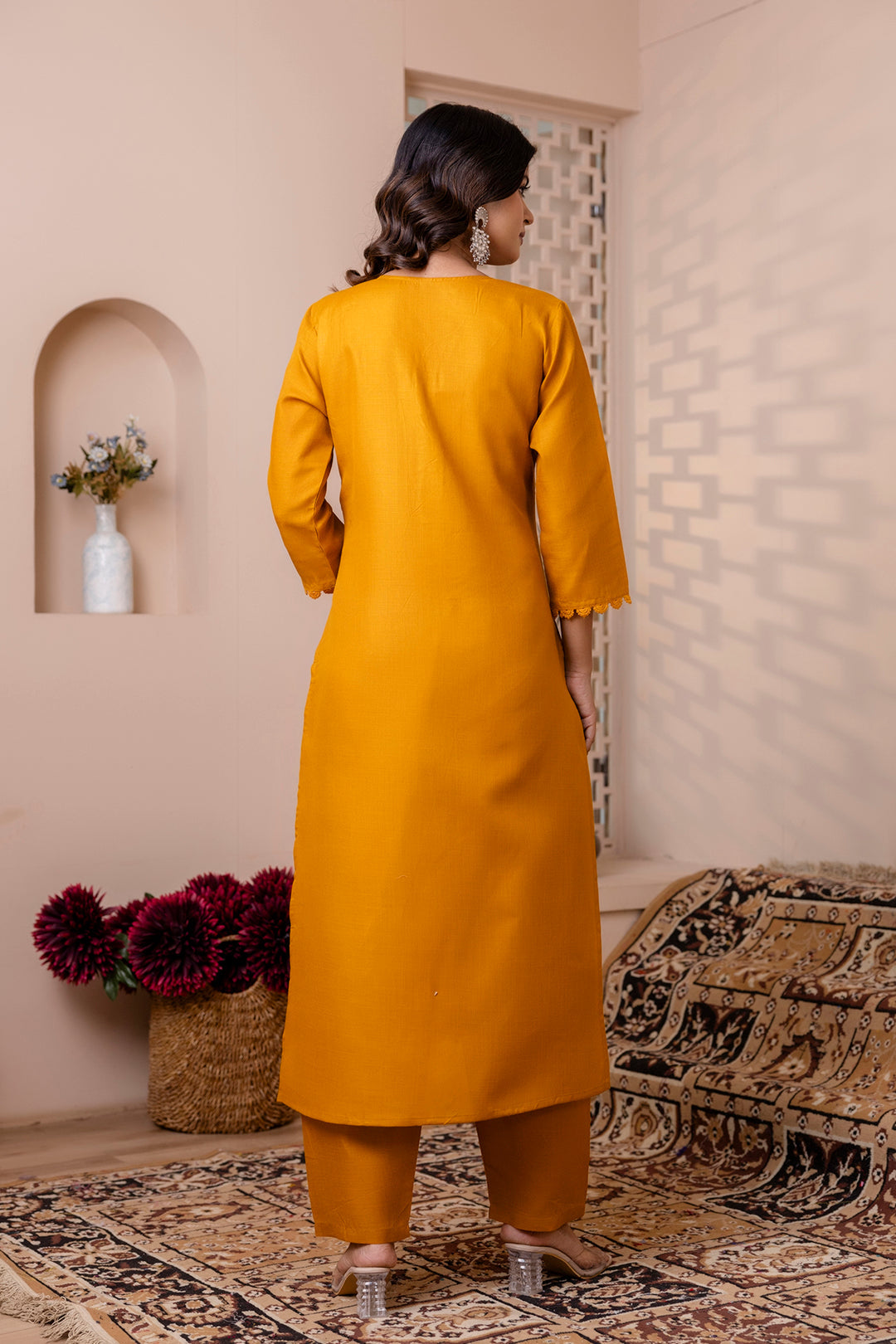 Mustard Straight Kurta Set With Printed Dupatta for Women | LASVINI - Redefining Indian Fashion with Elegance