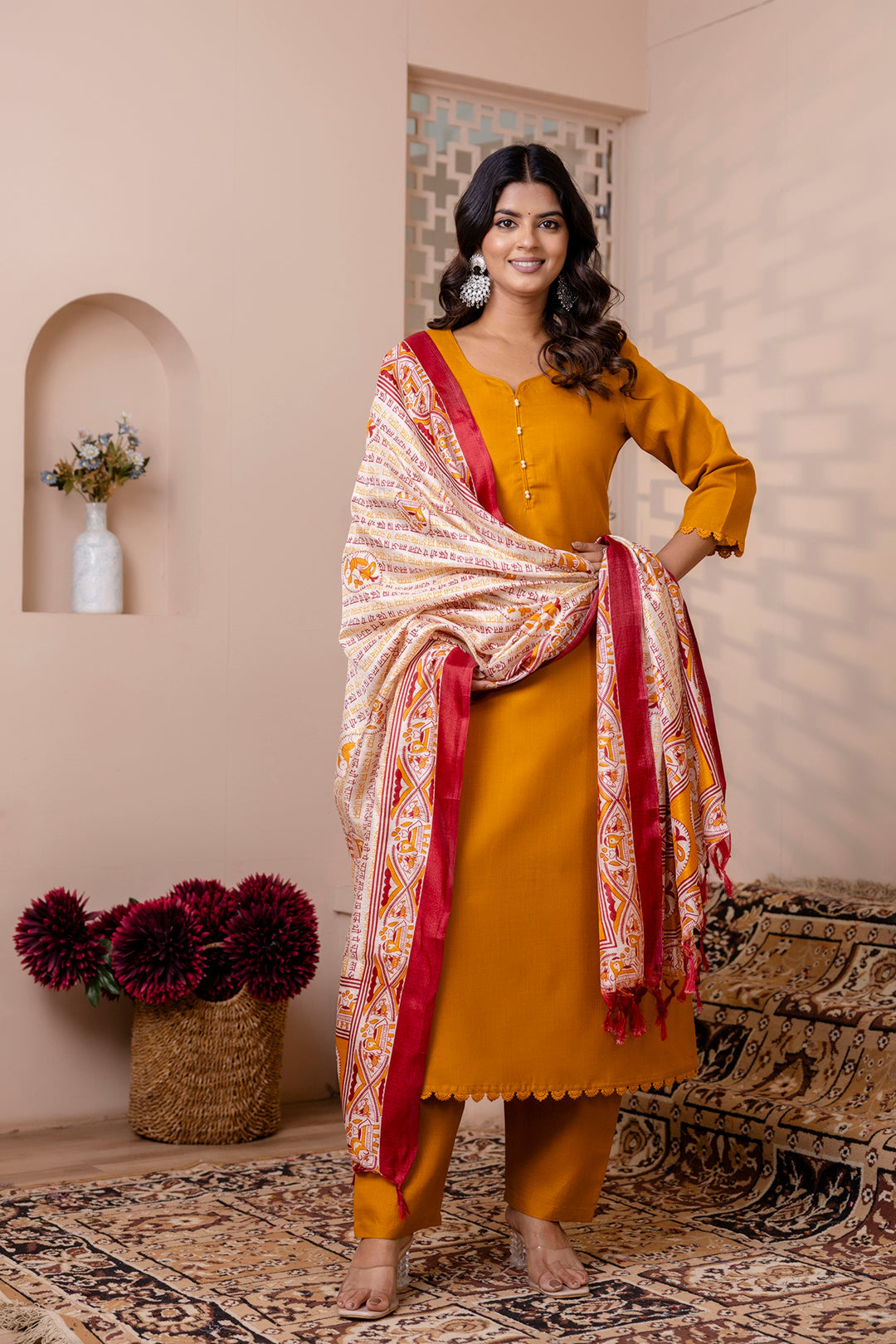 Mustard Straight Kurta Set With Printed Dupatta for Women | LASVINI - Redefining Indian Fashion with Elegance