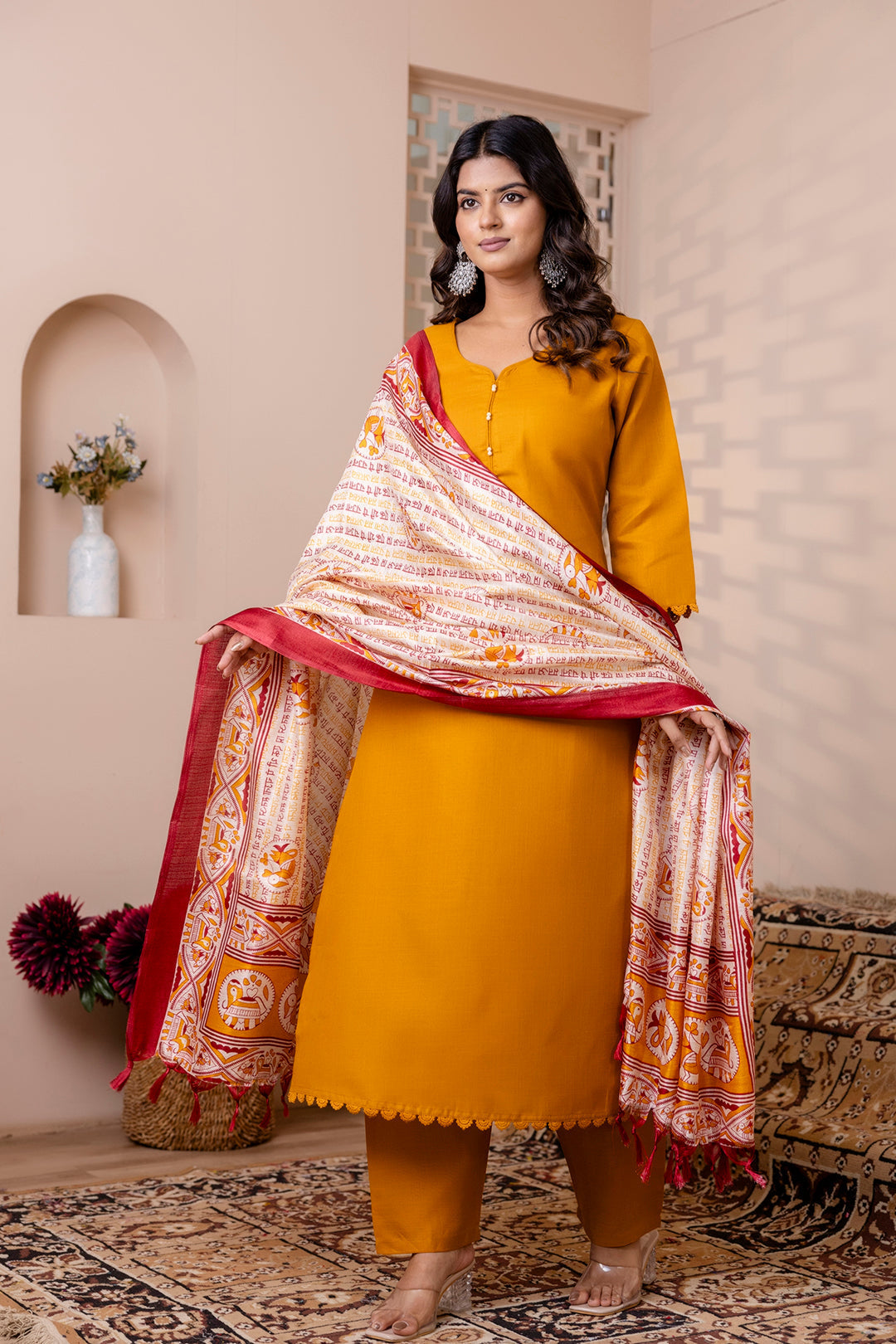 Mustard Straight Kurta Set With Printed Dupatta for Women | LASVINI - Redefining Indian Fashion with Elegance