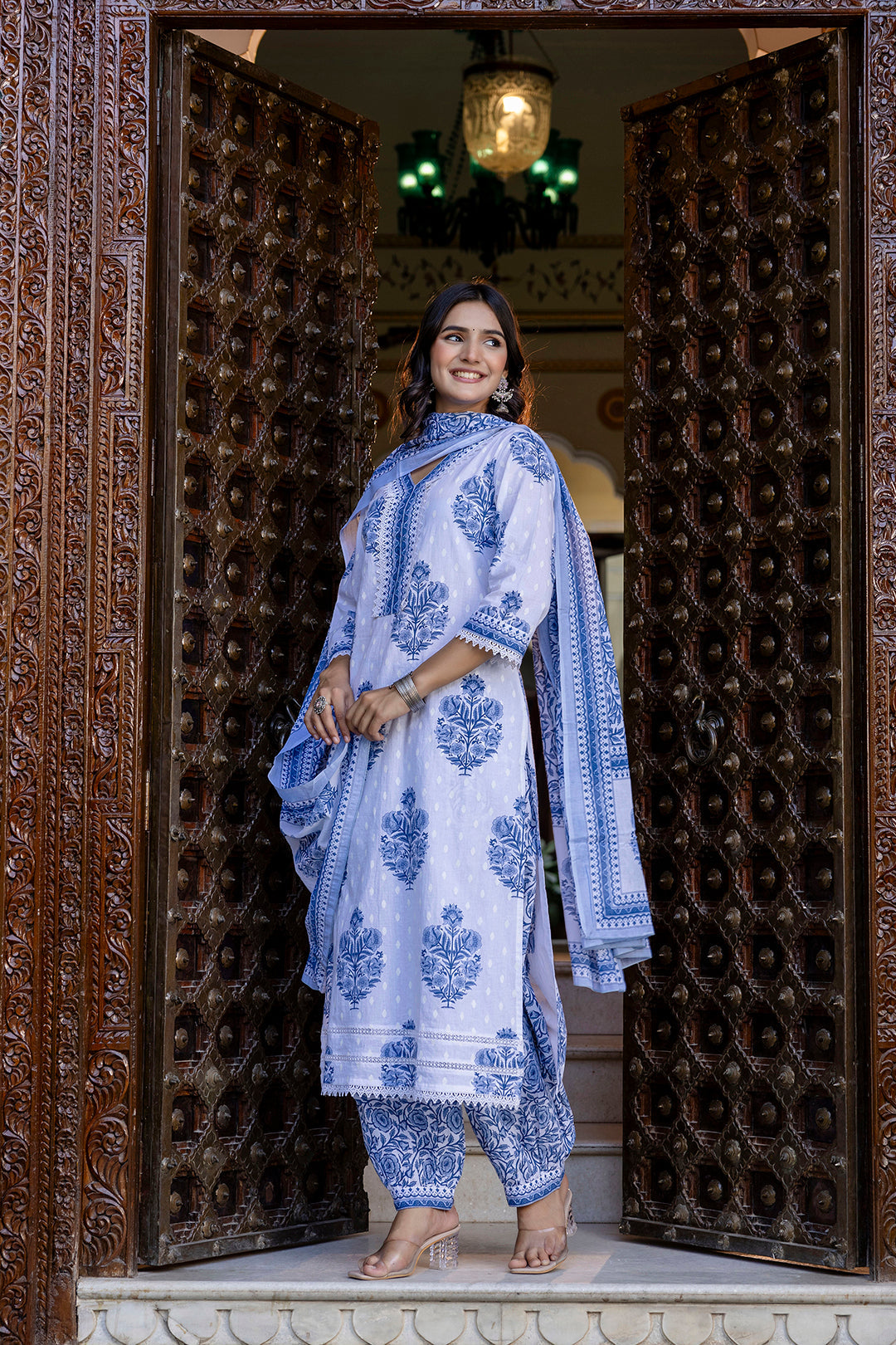 White Printed Straight Kurta Set With Dupatta for Women | LASVINI - Redefining Indian Fashion with Elegance