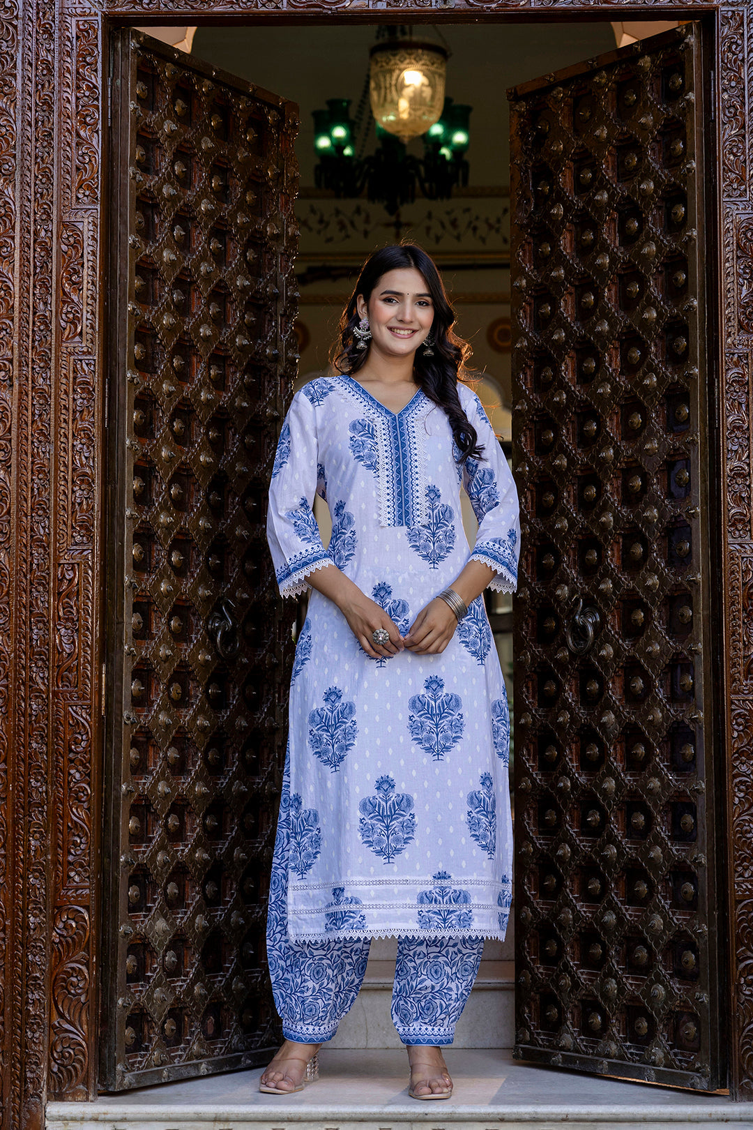 White Printed Straight Kurta Set With Dupatta for Women | LASVINI - Redefining Indian Fashion with Elegance