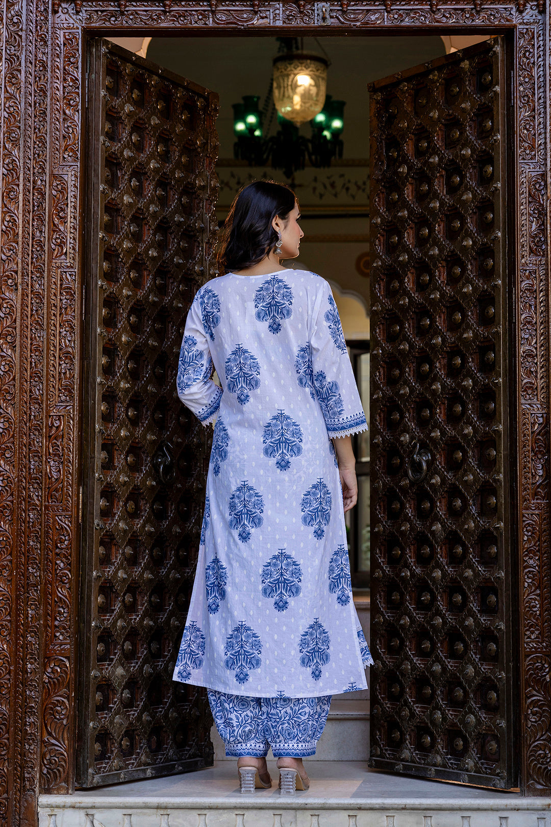 White Printed Straight Kurta Set With Dupatta for Women | LASVINI - Redefining Indian Fashion with Elegance
