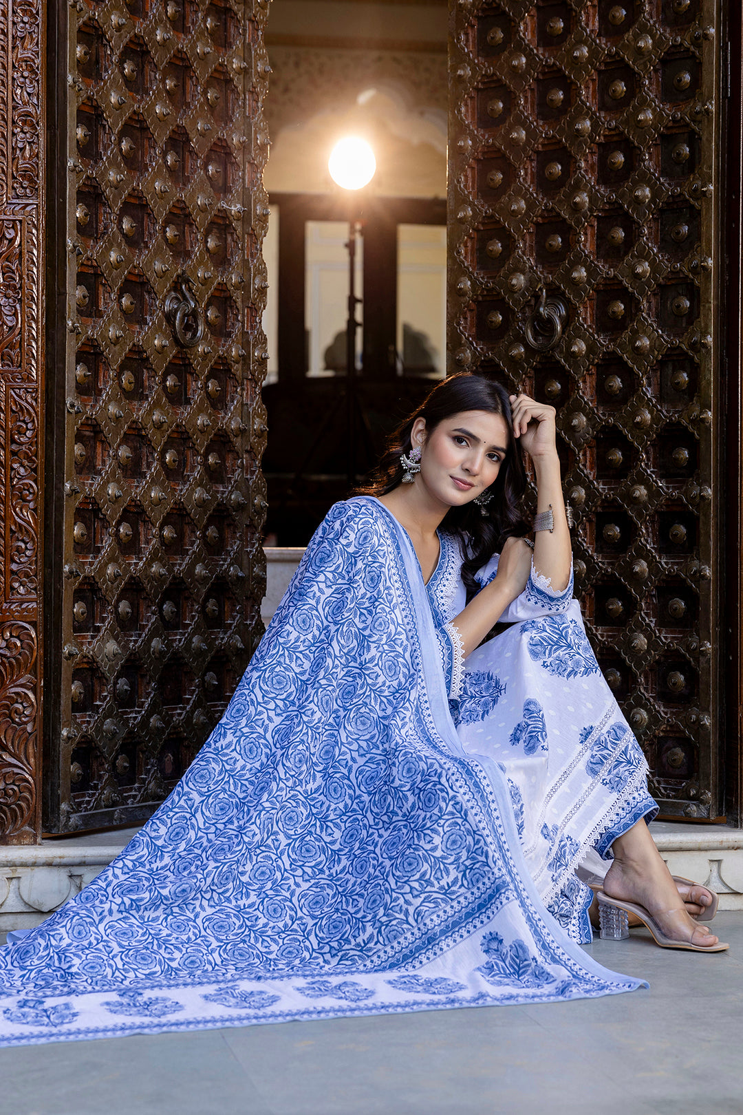 White Printed Straight Kurta Set With Dupatta for Women | LASVINI - Redefining Indian Fashion with Elegance