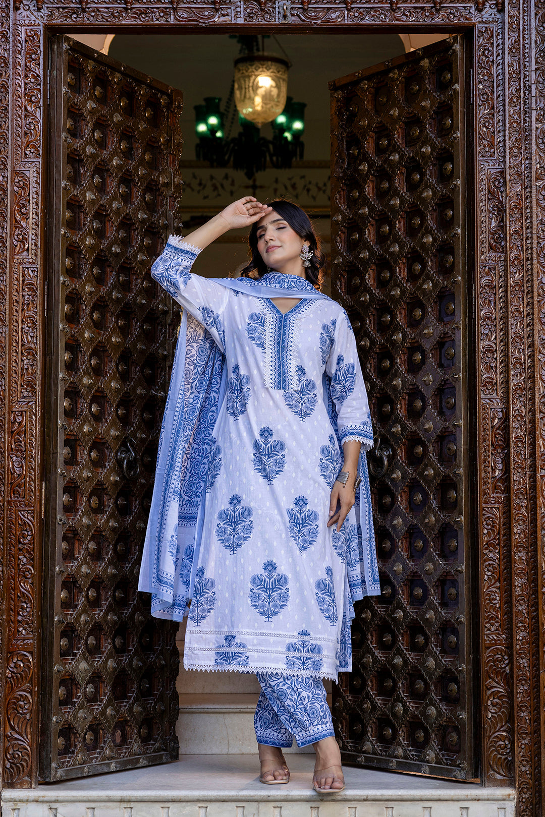 White Printed Straight Kurta Set With Dupatta for Women | LASVINI - Redefining Indian Fashion with Elegance