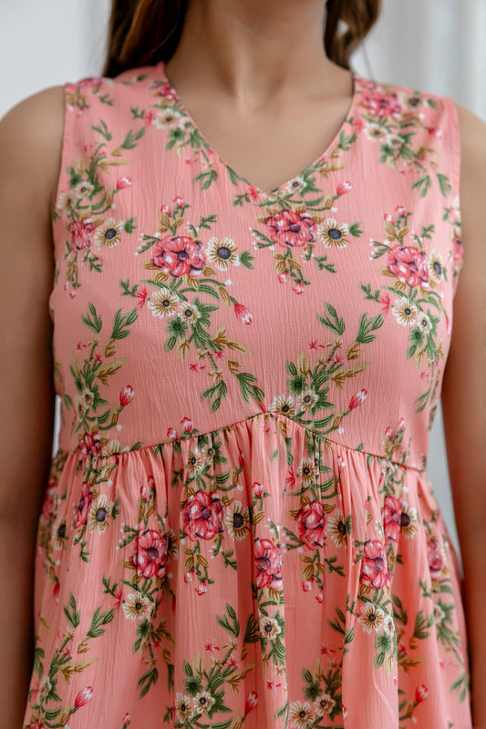 Women Peach Printed Peplum Tunic | LASVINI - Redefining Indian Fashion with Elegance