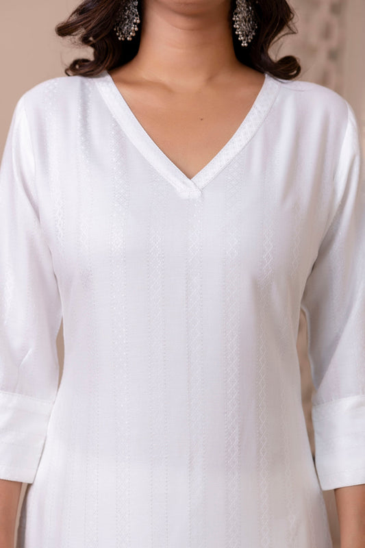 Women White Solid Straight Kurta with Three Quarter Sleeves | LASVINI - Redefining Indian Fashion with Elegance