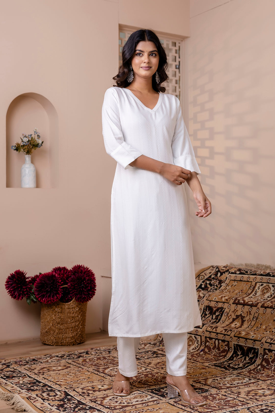 Women White Solid Straight Kurta with Three Quarter Sleeves | LASVINI - Redefining Indian Fashion with Elegance