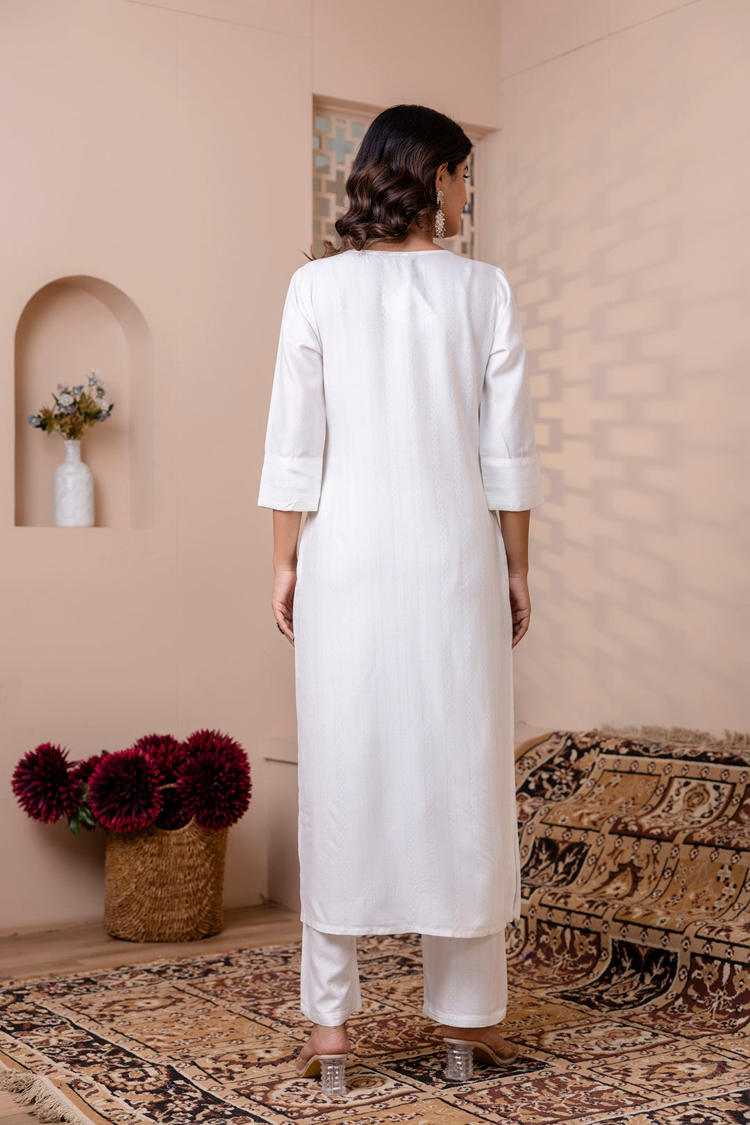 Women White Solid Straight Kurta with Three Quarter Sleeves | LASVINI - Redefining Indian Fashion with Elegance
