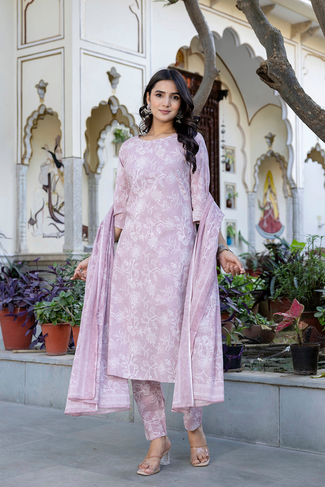 Mauve Printed Straight Kurta Set With Dupatta for Women | LASVINI - Redefining Indian Fashion with Elegance