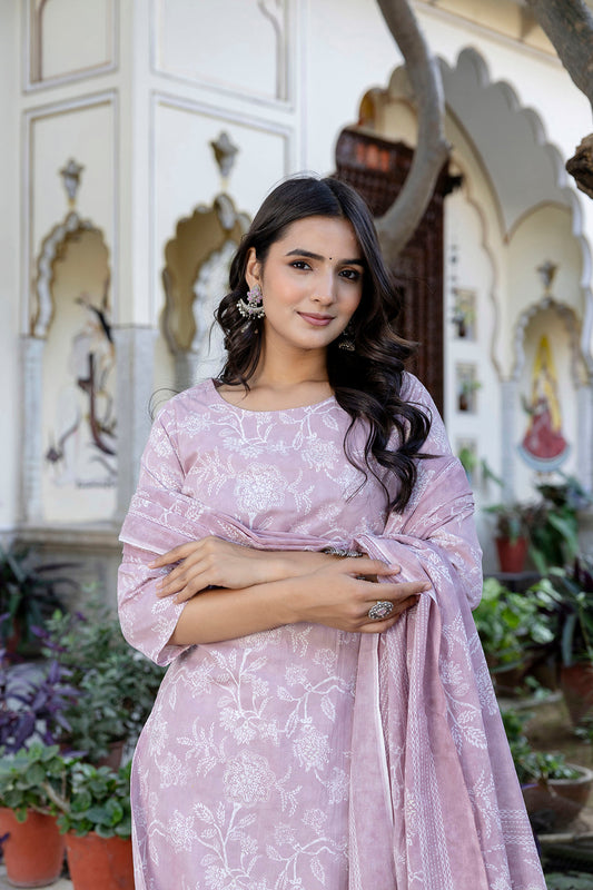 Mauve Printed Straight Kurta Set With Dupatta for Women | LASVINI - Redefining Indian Fashion with Elegance