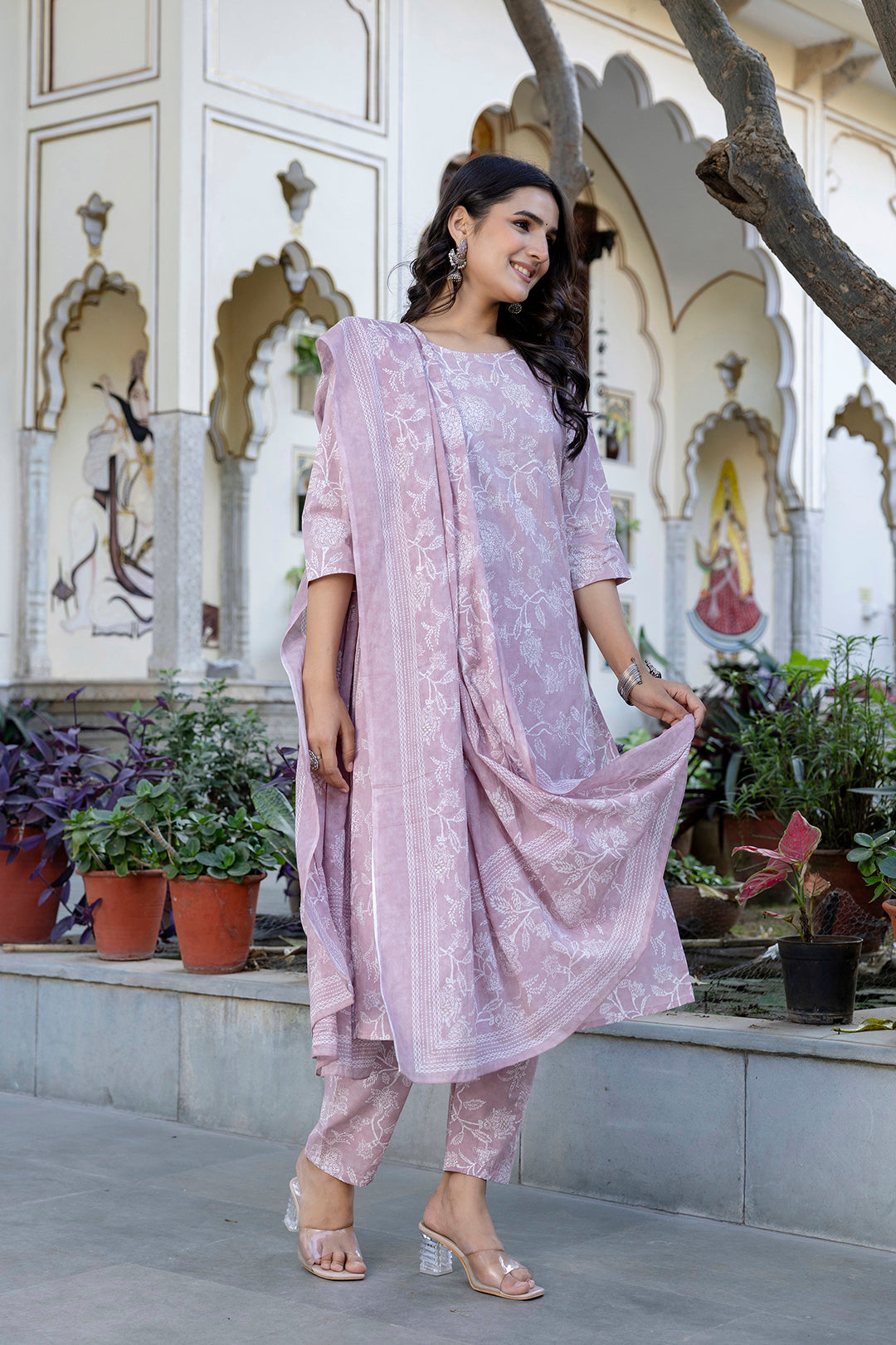 Mauve Printed Straight Kurta Set With Dupatta for Women | LASVINI - Redefining Indian Fashion with Elegance