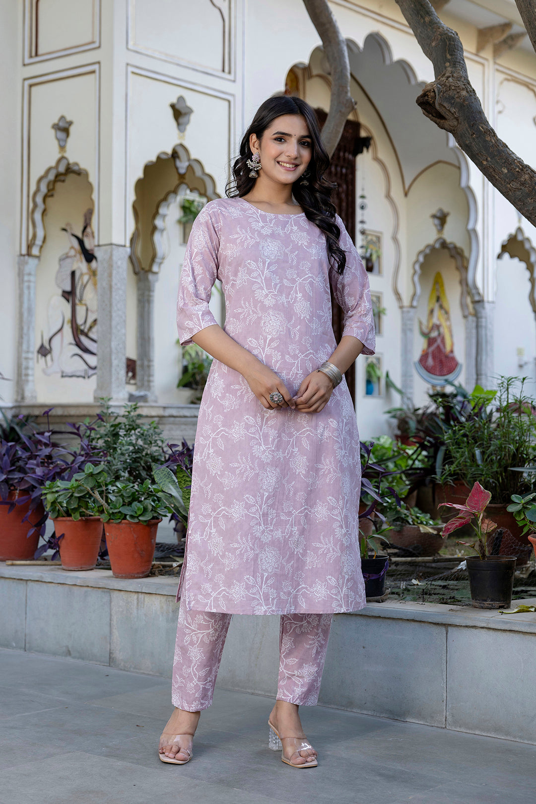 Mauve Printed Straight Kurta Set With Dupatta for Women | LASVINI - Redefining Indian Fashion with Elegance