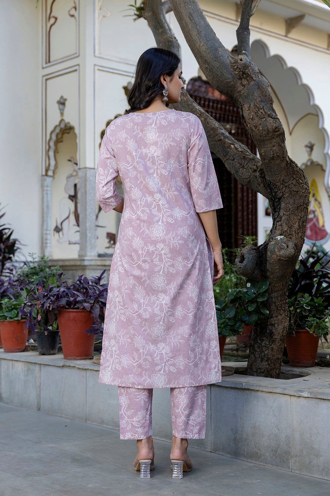 Mauve Printed Straight Kurta Set With Dupatta for Women | LASVINI - Redefining Indian Fashion with Elegance