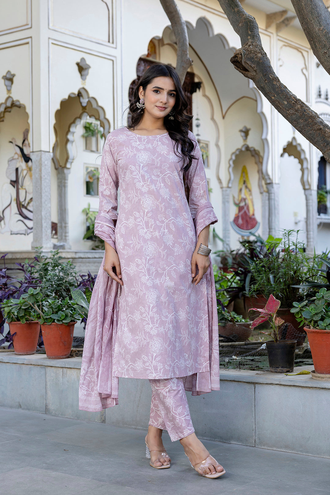 Mauve Printed Straight Kurta Set With Dupatta for Women | LASVINI - Redefining Indian Fashion with Elegance