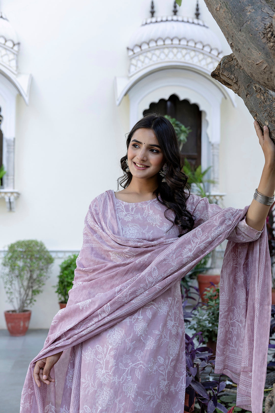 Mauve Printed Straight Kurta Set With Dupatta for Women | LASVINI - Redefining Indian Fashion with Elegance