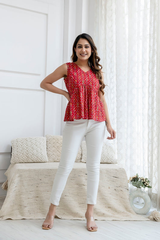 Women Red Printed Peplum Tunic | LASVINI - Redefining Indian Fashion with Elegance