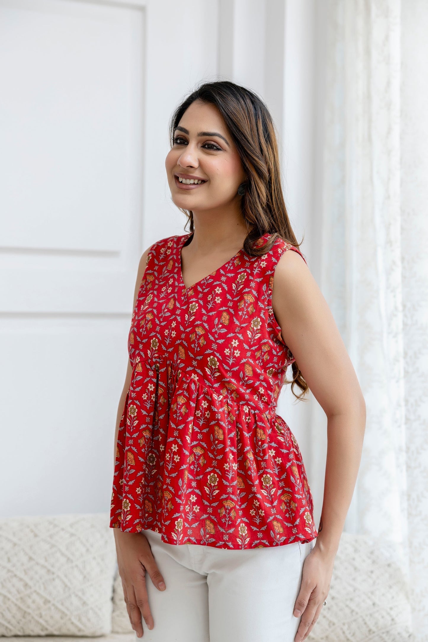Women Red Printed Peplum Tunic | LASVINI - Redefining Indian Fashion with Elegance