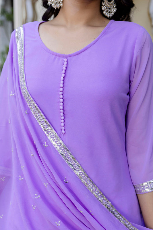 Lavender Embroidered Georgette Kurta & Wide Leg Palazzo With Dupatta for Women | LASVINI - Redefining Indian Fashion with Elegance