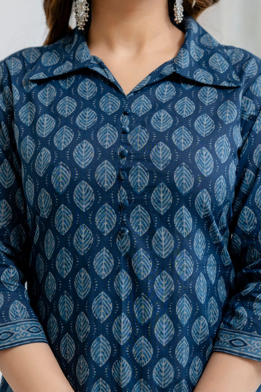Women Blue Printed Straight Kurta with Three Quarter Sleeves | LASVINI - Redefining Indian Fashion with Elegance