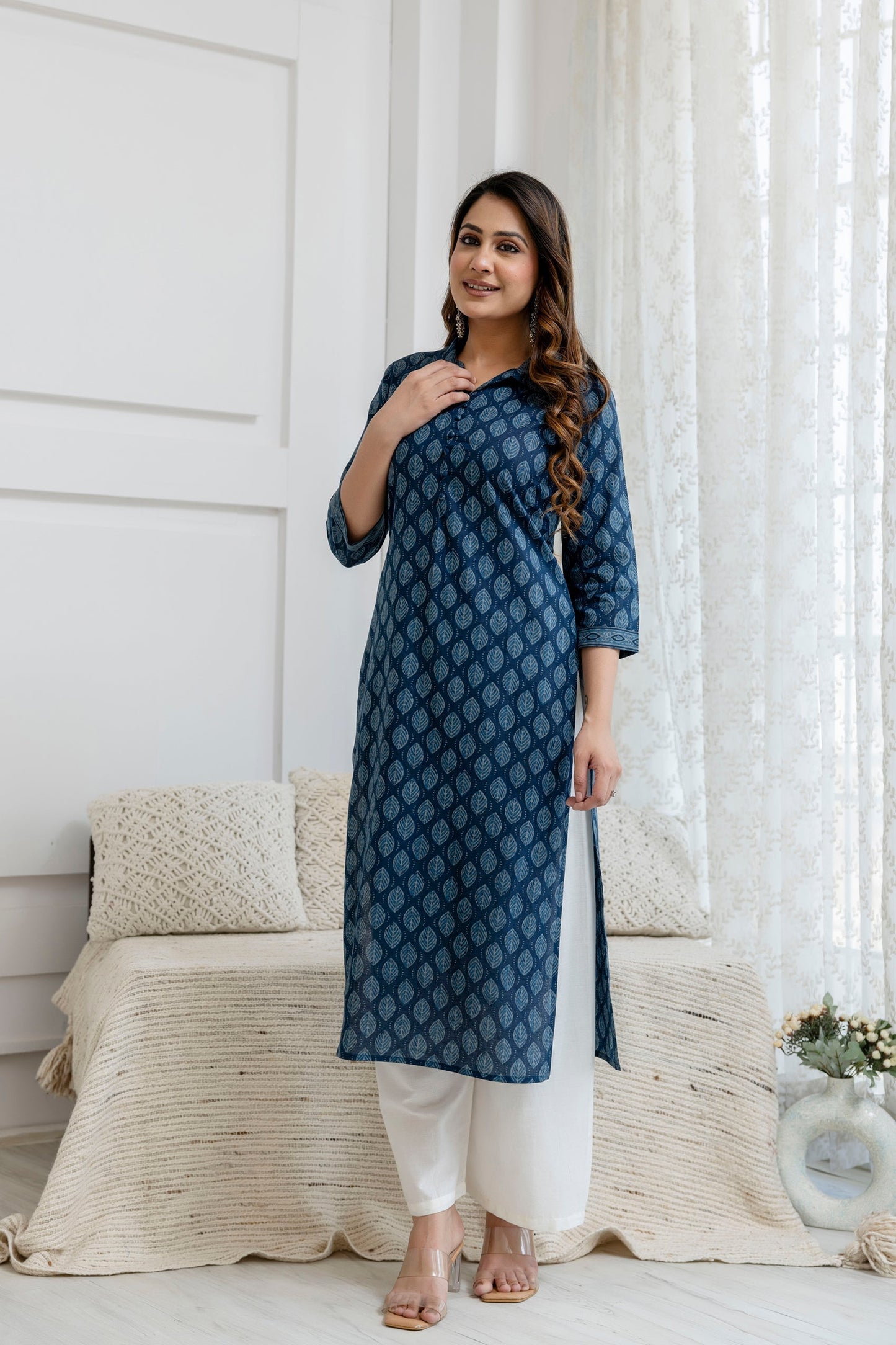 Women Blue Printed Straight Kurta with Three Quarter Sleeves | LASVINI - Redefining Indian Fashion with Elegance