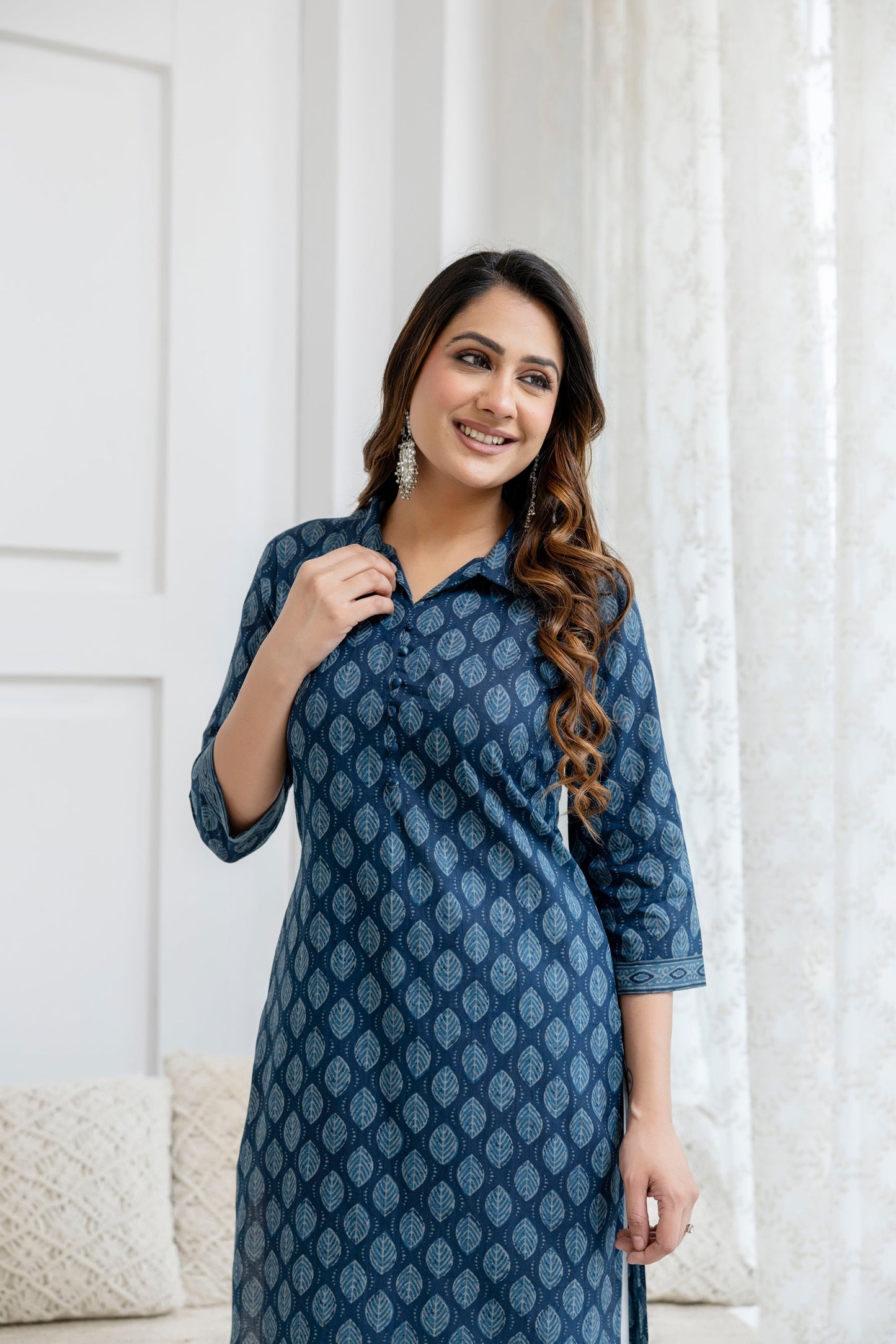 Women Blue Printed Straight Kurta with Three Quarter Sleeves | LASVINI - Redefining Indian Fashion with Elegance