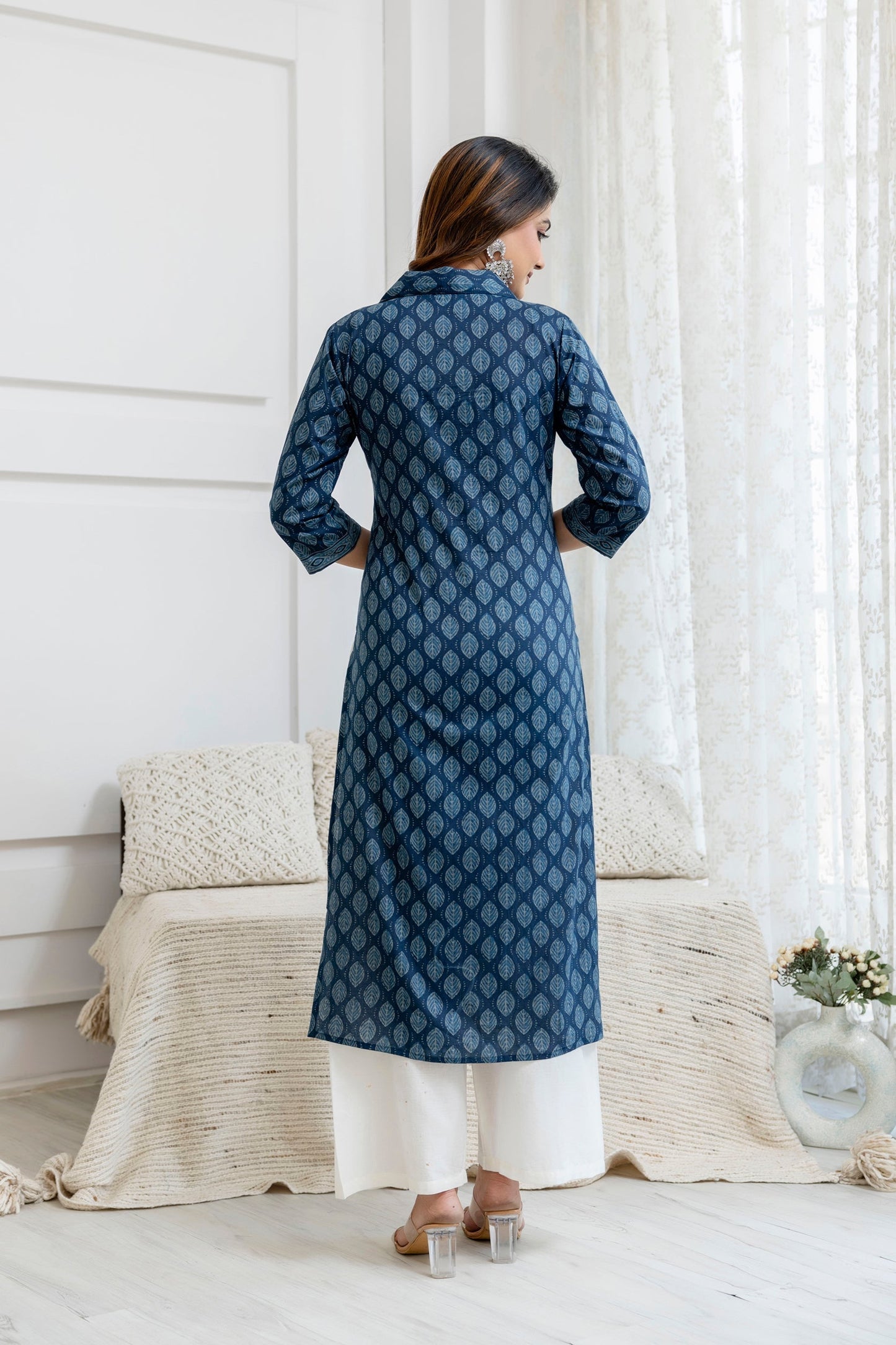 Women Blue Printed Straight Kurta with Three Quarter Sleeves | LASVINI - Redefining Indian Fashion with Elegance
