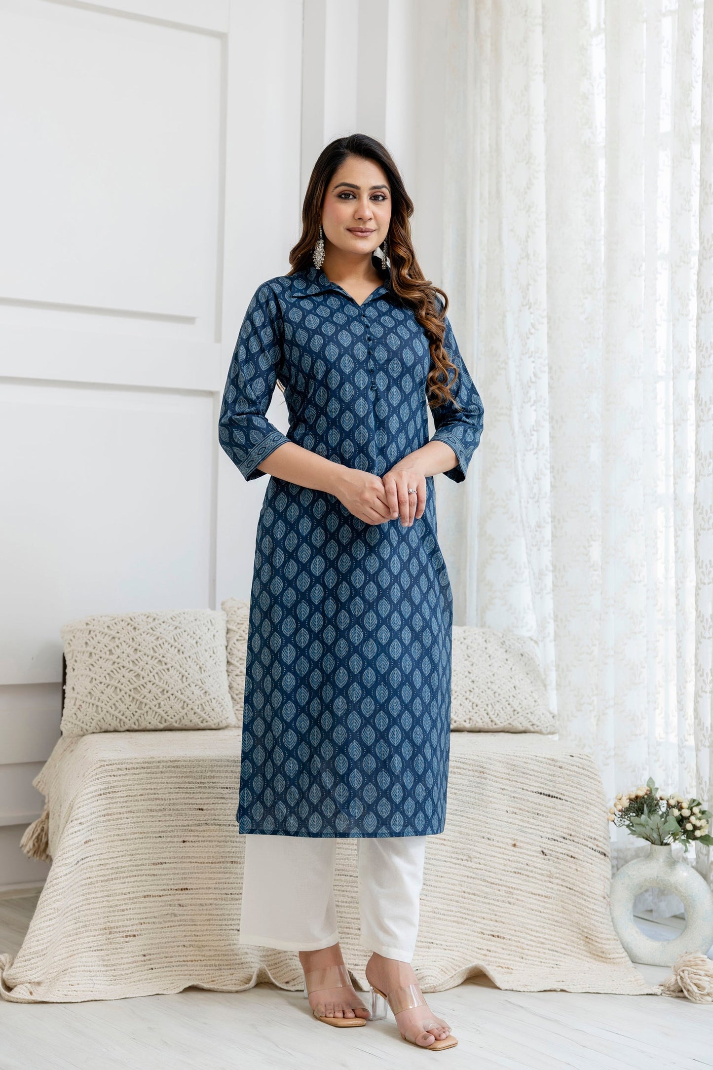 Women Blue Printed Straight Kurta with Three Quarter Sleeves | LASVINI - Redefining Indian Fashion with Elegance