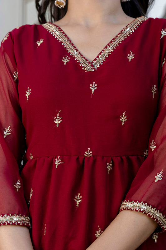 Maroon Embroidered Georgette Kurta Set With Dupatta for Women | LASVINI - Redefining Indian Fashion with Elegance