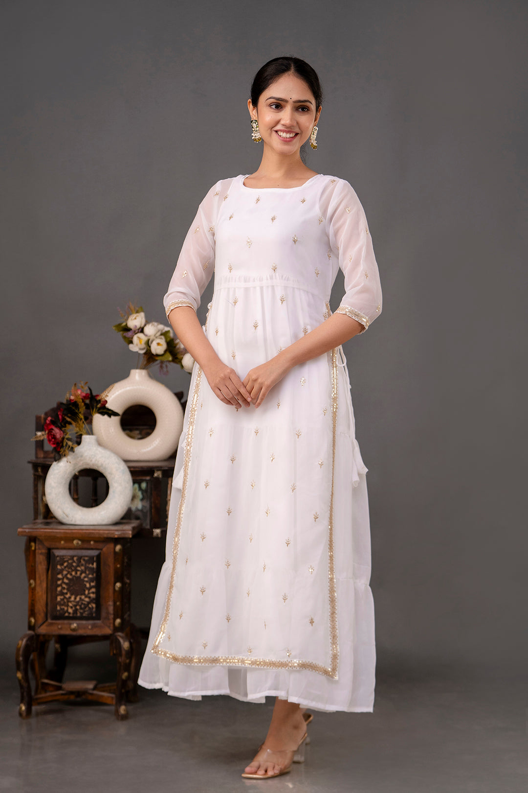 Women White Embroidered Flared Dress with Jacket | LASVINI - Redefining Indian Fashion with Elegance