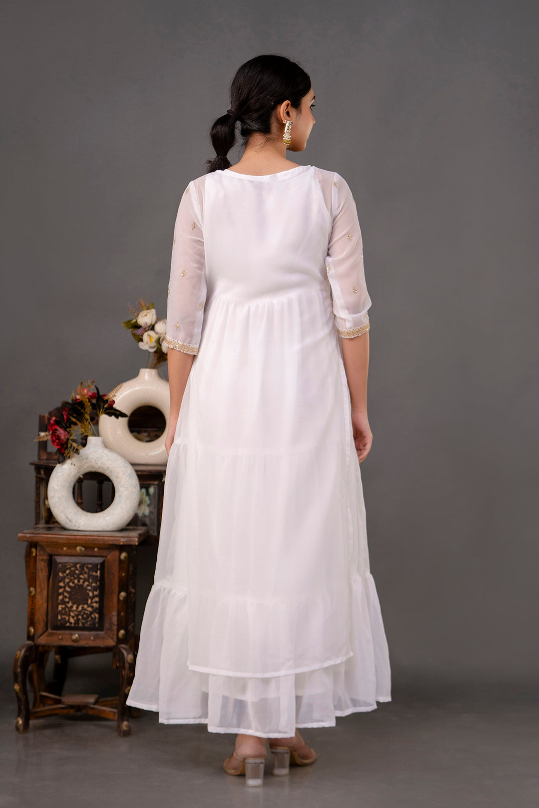 Women White Embroidered Flared Dress with Jacket | LASVINI - Redefining Indian Fashion with Elegance