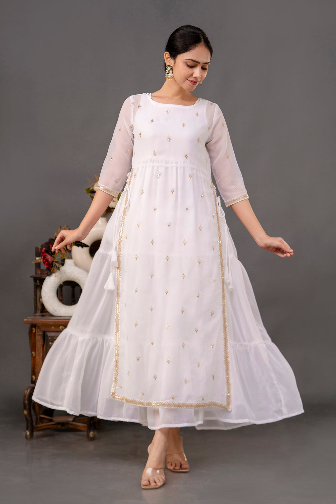 Women White Embroidered Flared Dress with Jacket | LASVINI - Redefining Indian Fashion with Elegance