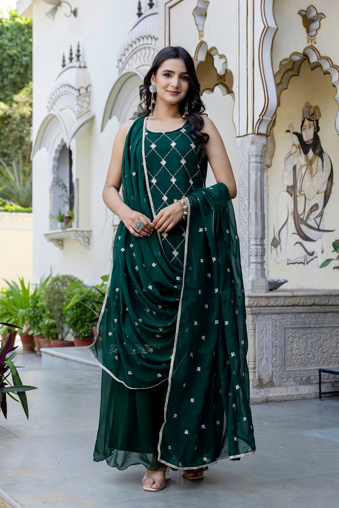 Green Embroidered Kurta With Wide Leg Palazzo and Dupatta | LASVINI - Redefining Indian Fashion with Elegance