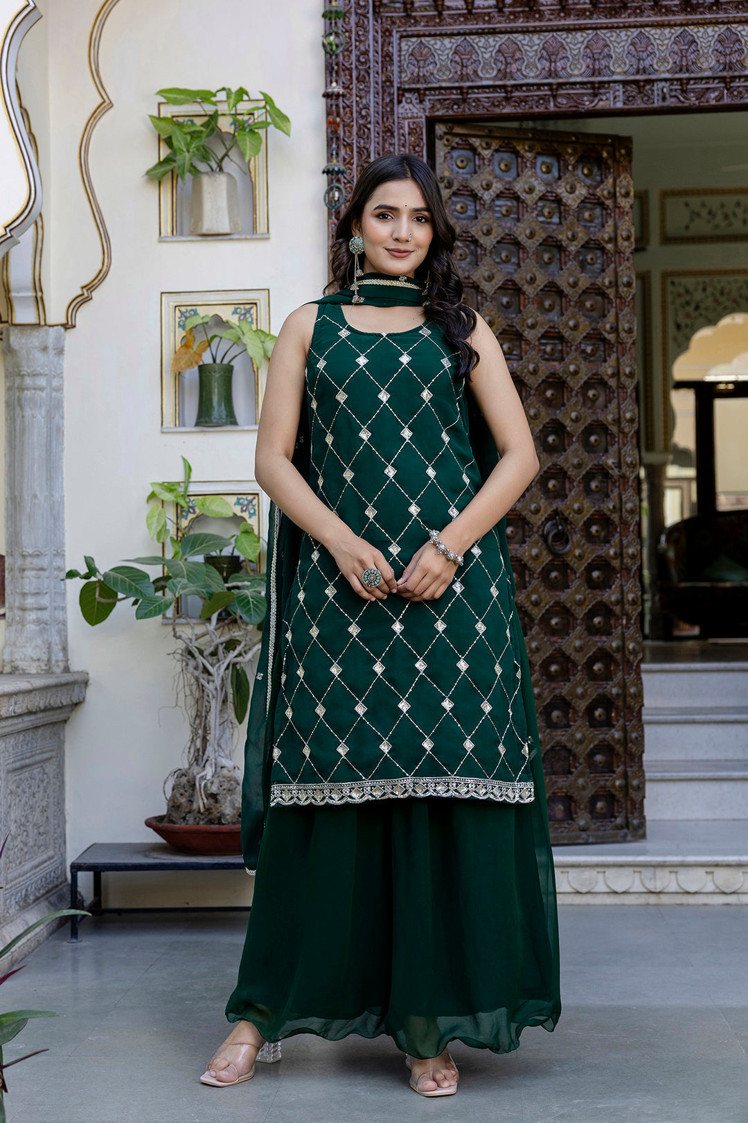 Green Embroidered Kurta With Wide Leg Palazzo and Dupatta | LASVINI - Redefining Indian Fashion with Elegance