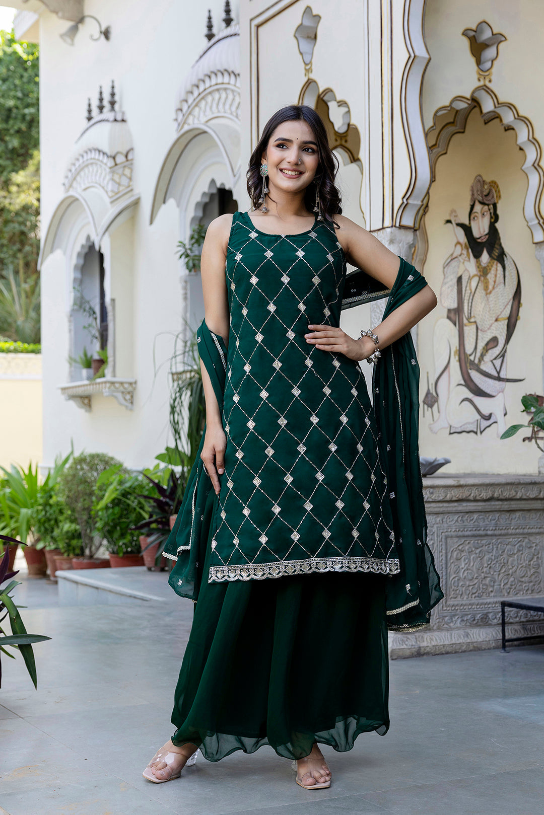Green Embroidered Kurta With Wide Leg Palazzo and Dupatta | LASVINI - Redefining Indian Fashion with Elegance