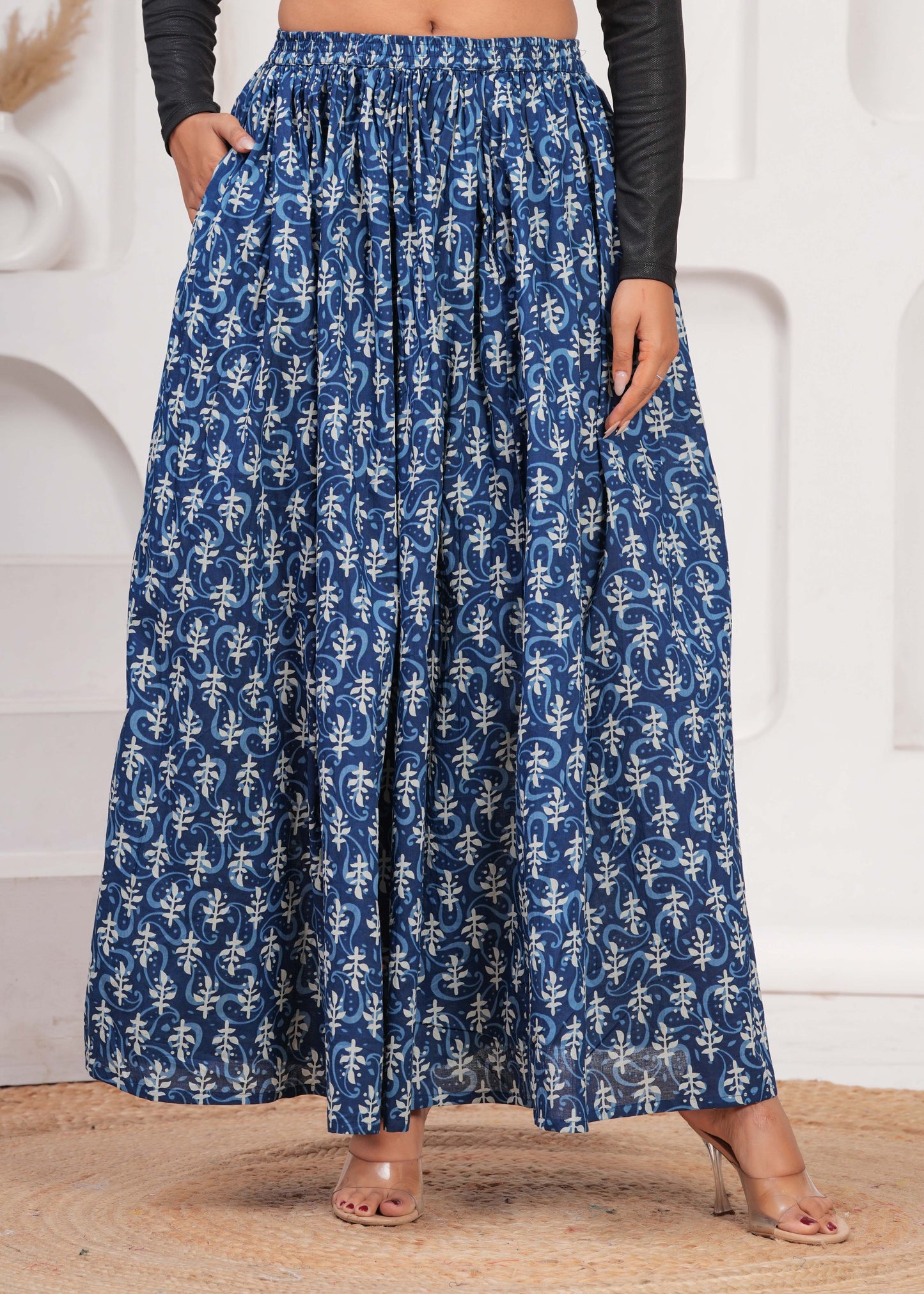 Women Blue Ethnic Printed Flared Skirt | LASVINI - Redefining Indian Fashion with Elegance