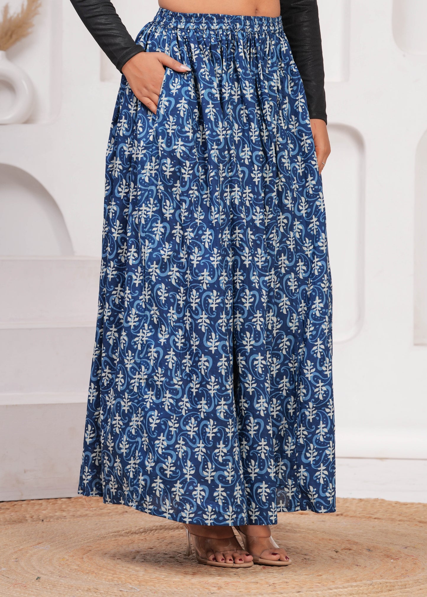 Women Blue Ethnic Printed Flared Skirt | LASVINI - Redefining Indian Fashion with Elegance