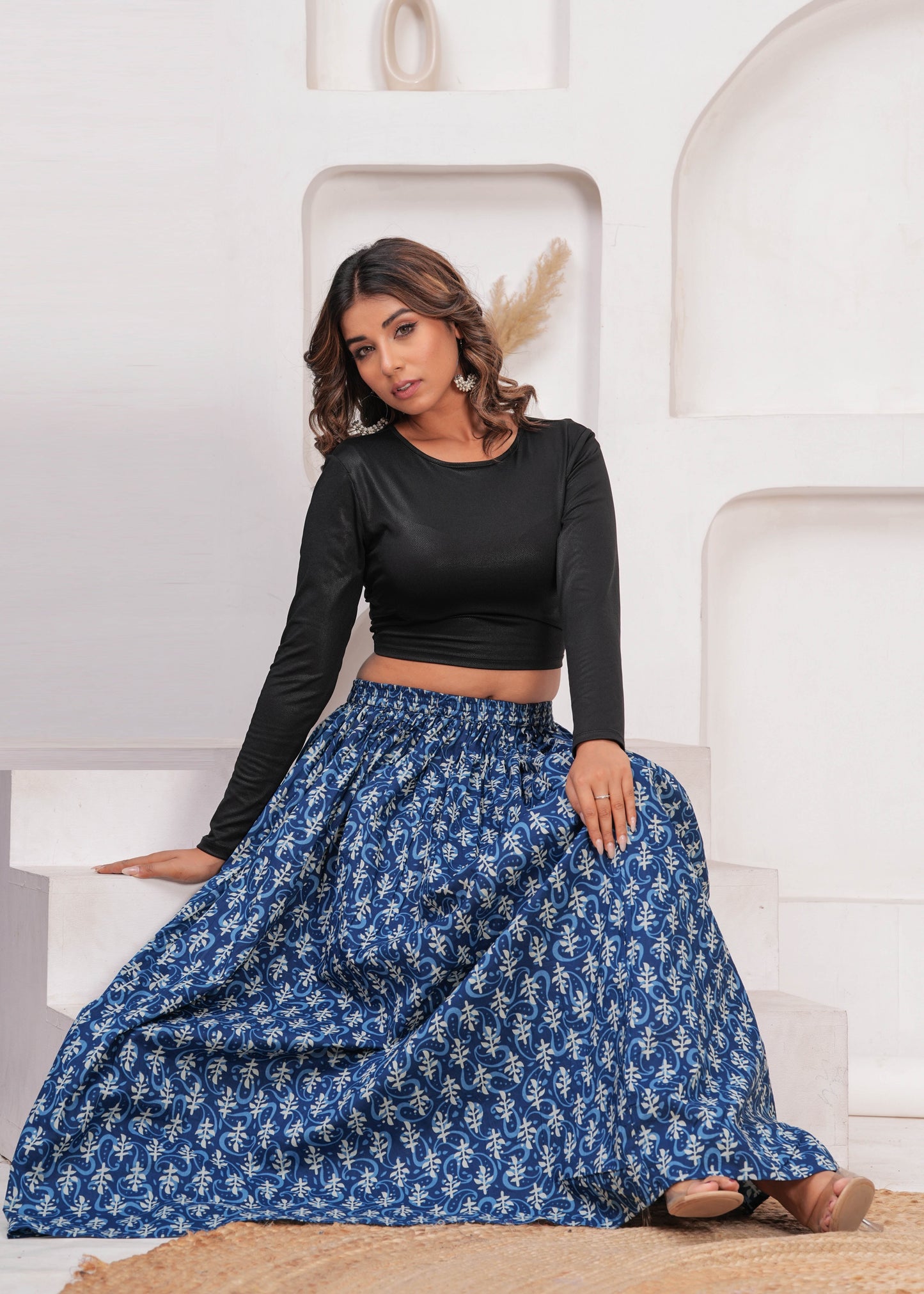 Women Blue Ethnic Printed Flared Skirt | LASVINI - Redefining Indian Fashion with Elegance