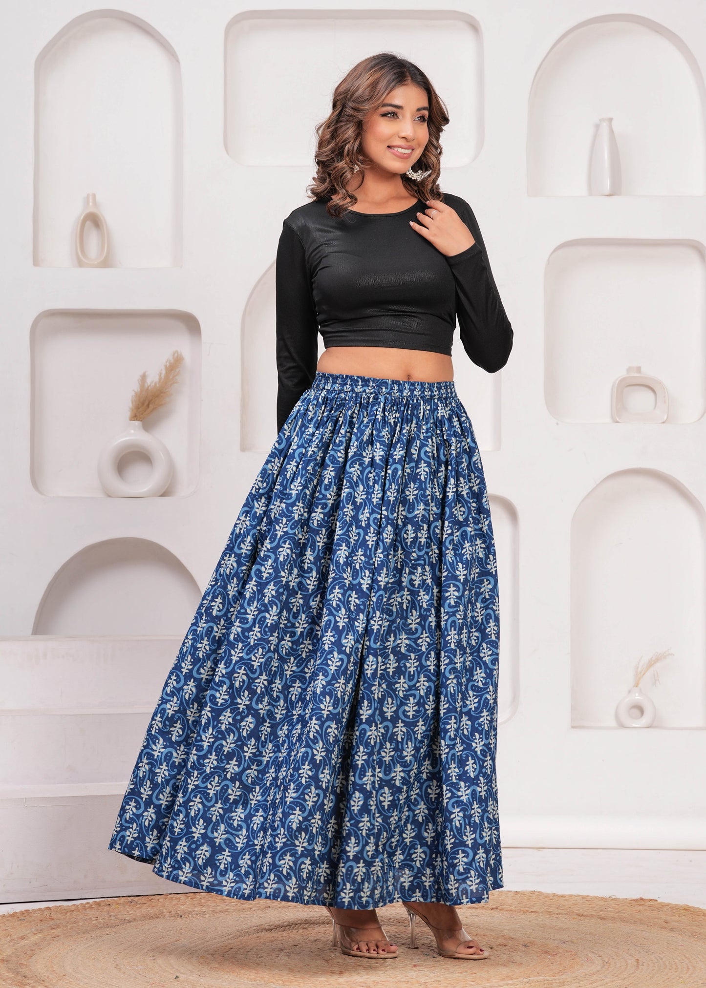 Women Blue Ethnic Printed Flared Skirt | LASVINI - Redefining Indian Fashion with Elegance
