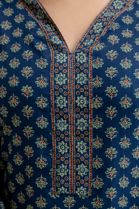 Women Blue Printed Straight Kurta with Three Quarter Sleeves | LASVINI - Redefining Indian Fashion with Elegance