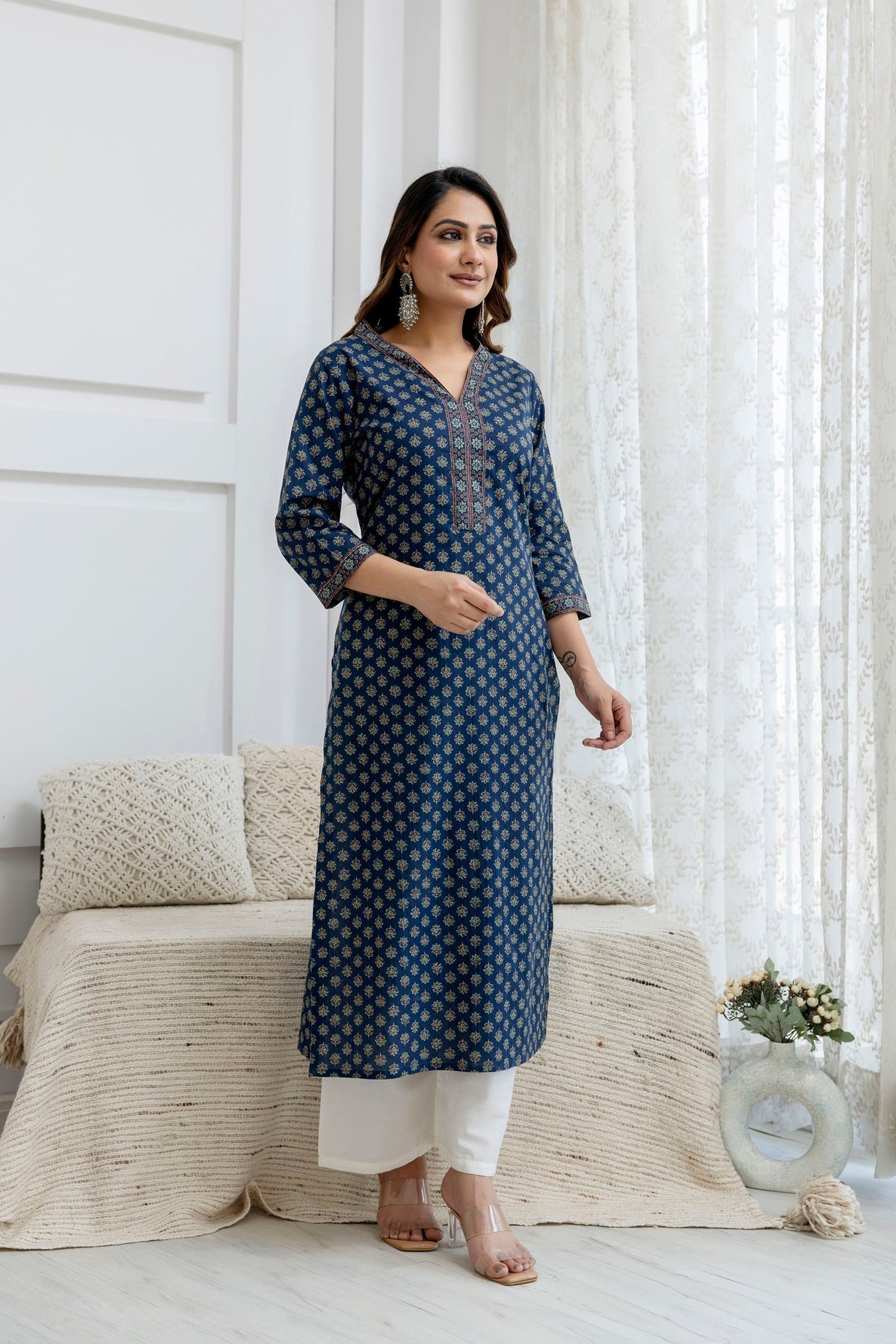Women Blue Printed Straight Kurta with Three Quarter Sleeves | LASVINI - Redefining Indian Fashion with Elegance