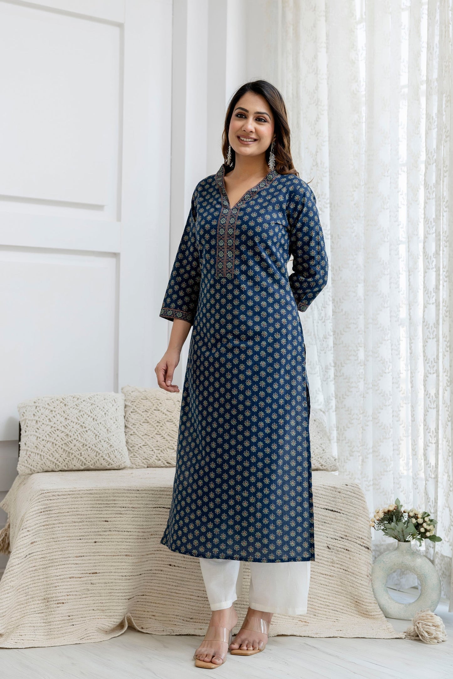 Women Blue Printed Straight Kurta with Three Quarter Sleeves | LASVINI - Redefining Indian Fashion with Elegance