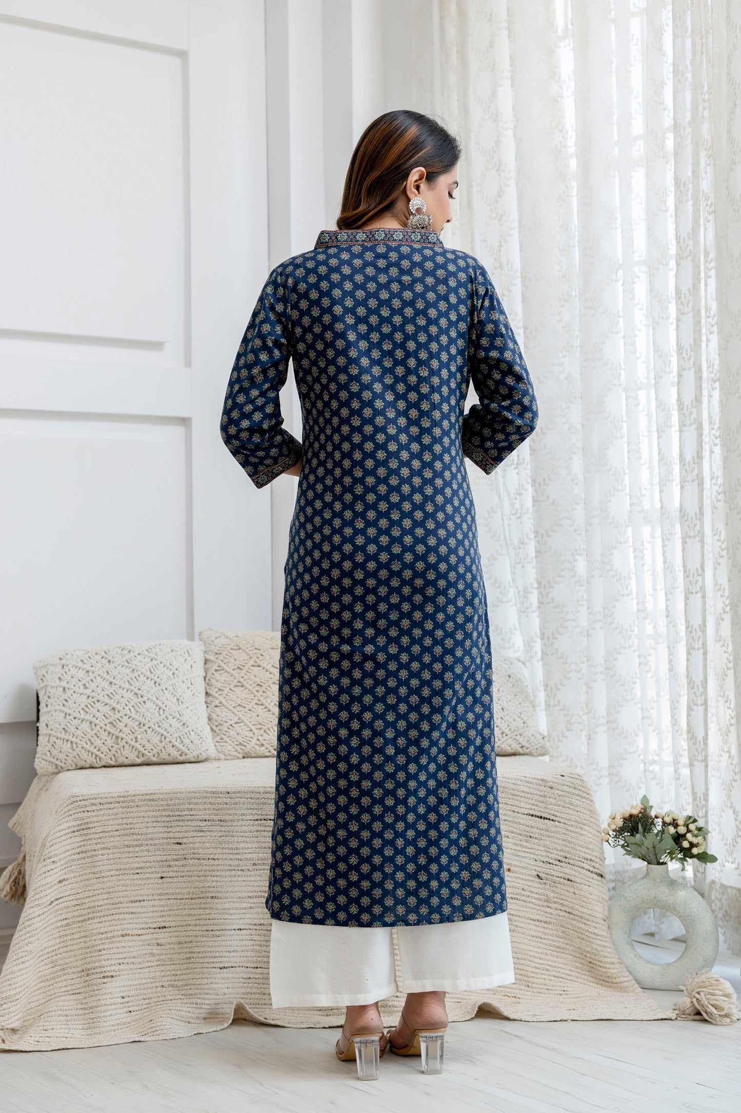 Women Blue Printed Straight Kurta with Three Quarter Sleeves | LASVINI - Redefining Indian Fashion with Elegance