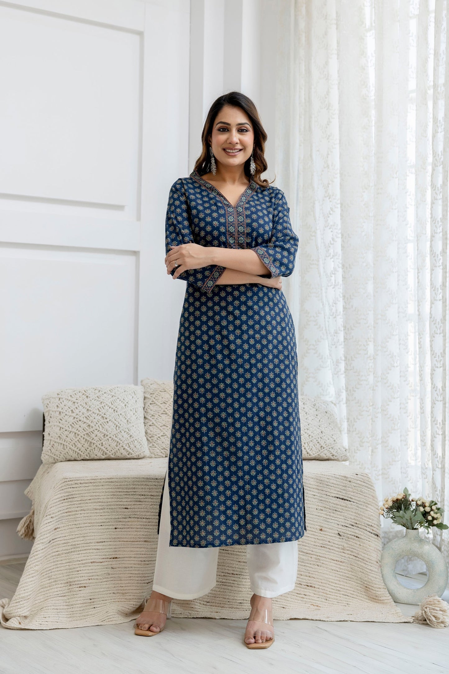Women Blue Printed Straight Kurta with Three Quarter Sleeves | LASVINI - Redefining Indian Fashion with Elegance