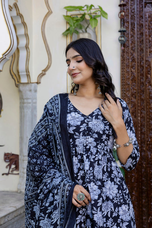 Women Black Floral Printed Anarkali Kurta And Trouser With Dupatta | LASVINI - Redefining Indian Fashion with Elegance
