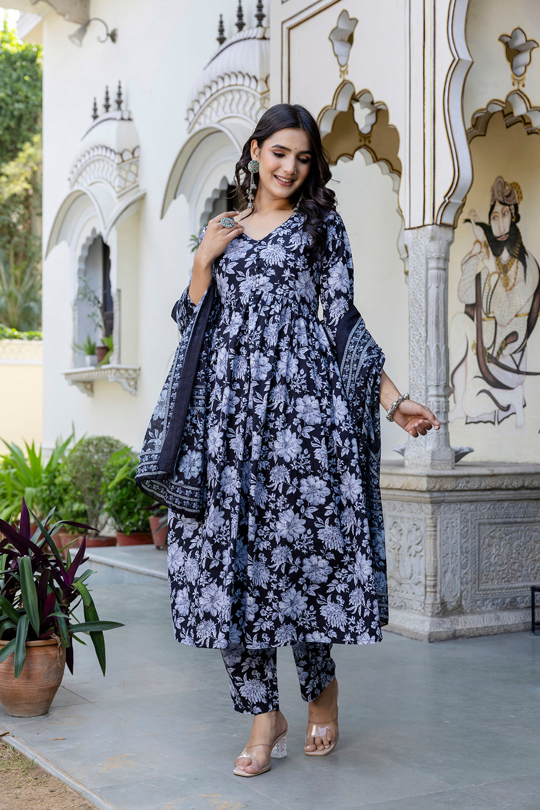 Women Black Floral Printed Anarkali Kurta And Trouser With Dupatta | LASVINI - Redefining Indian Fashion with Elegance