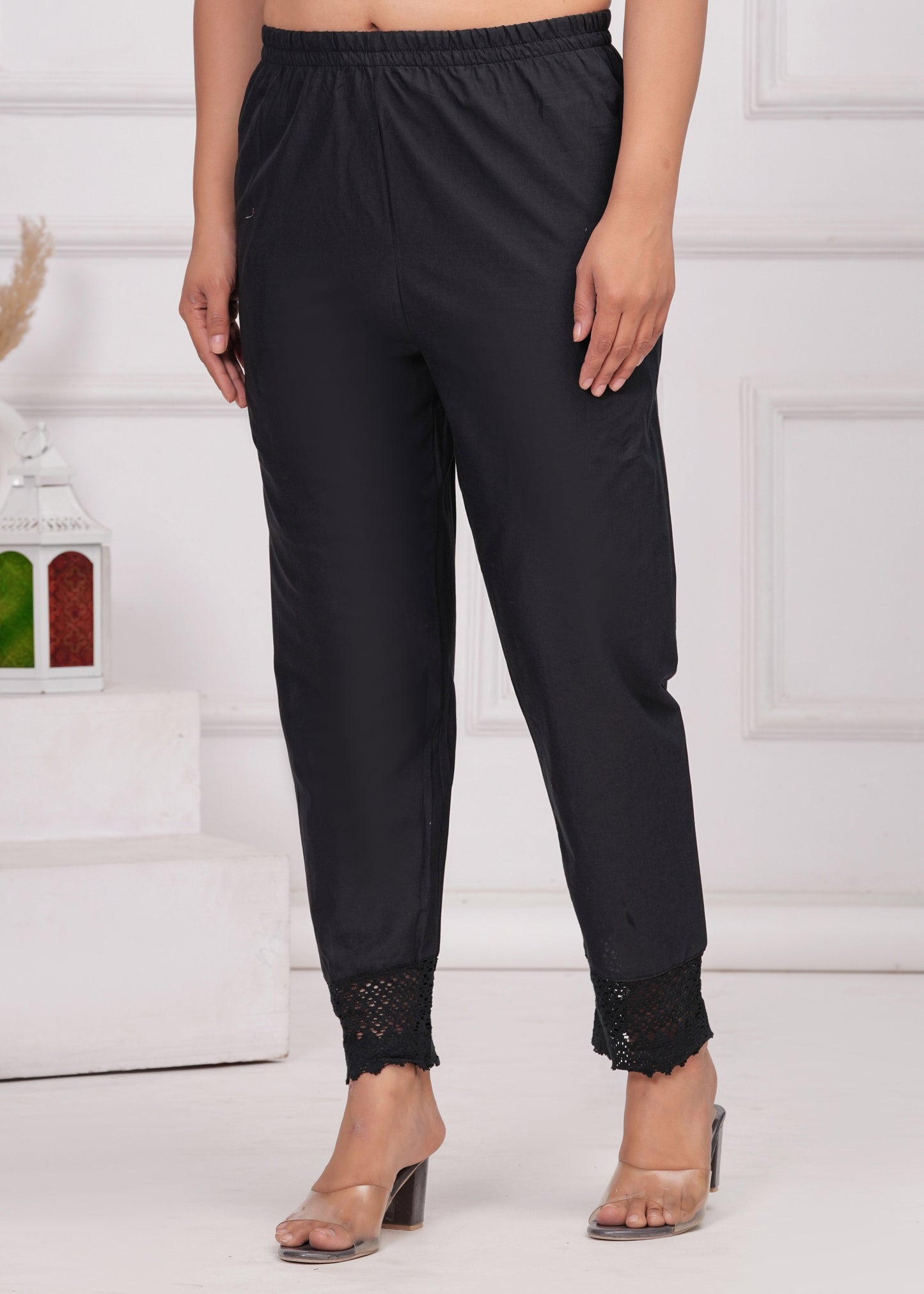 Women Black Solid Palazzo with Lace Detailing | LASVINI - Redefining Indian Fashion with Elegance