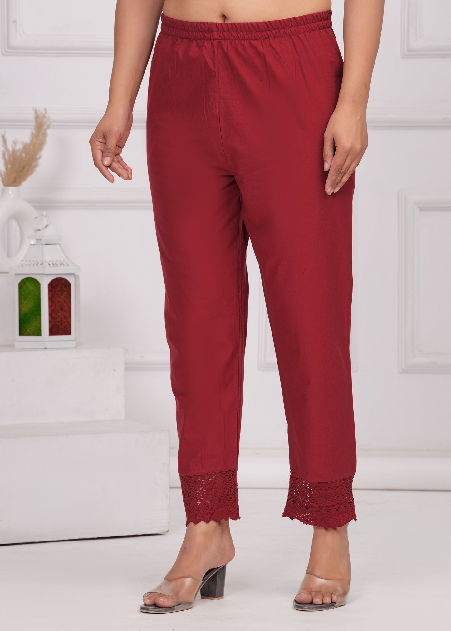 Women Maroon Solid Palazzo with Lace Detailing | LASVINI - Redefining Indian Fashion with Elegance