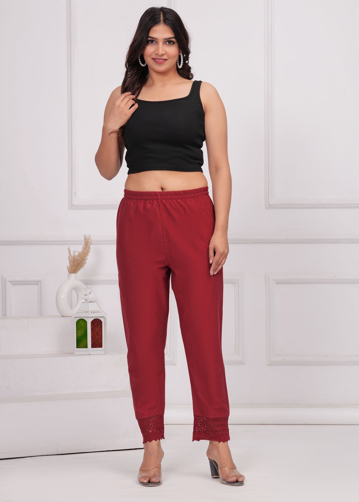 Women Maroon Solid Palazzo with Lace Detailing | LASVINI - Redefining Indian Fashion with Elegance