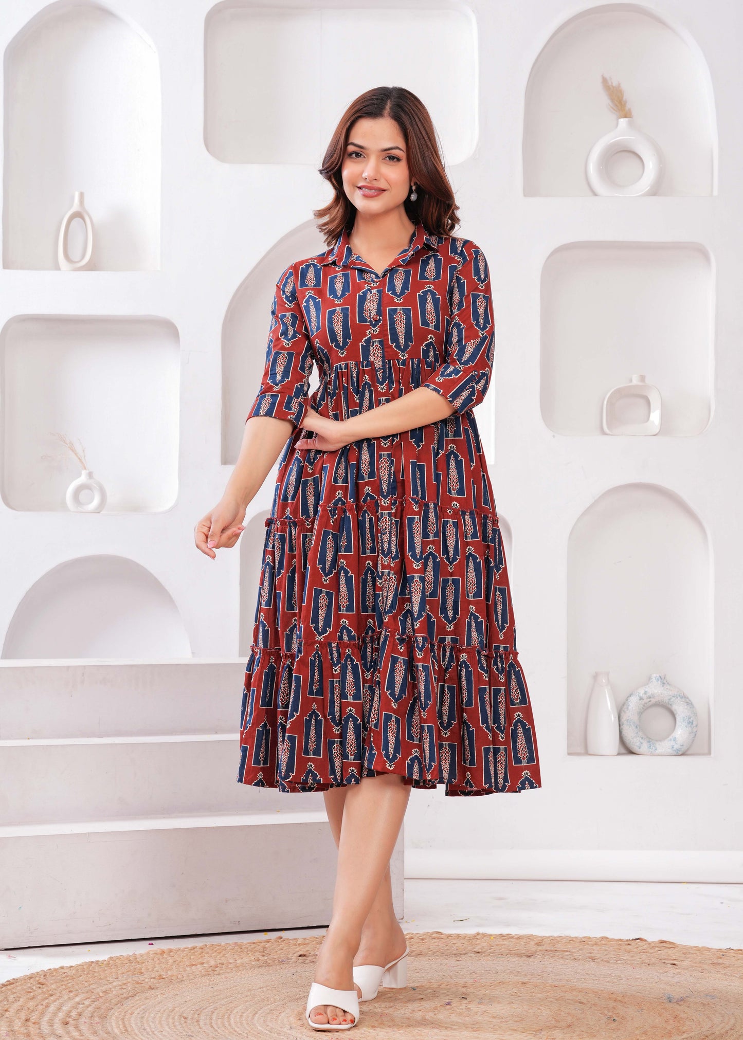 Women Maroon Ethnic Printed Flared Dress | LASVINI - Redefining Indian Fashion with Elegance